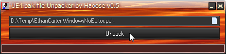 UE4PakUnpacker.exe で The Vanishing of Ethan Carter Redux の EthanCarter-WindowsNoEditor.pak が指定されていることを確認して Unpack ボタンをクリック