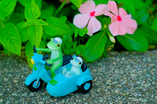 ツバキアキラが撮ったカエルのコポー。お花のそばをサイドカーで走る、コポタロウとコポミ。