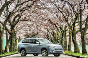 Mitsubishi Outlander phev under cherry blossoms 桜